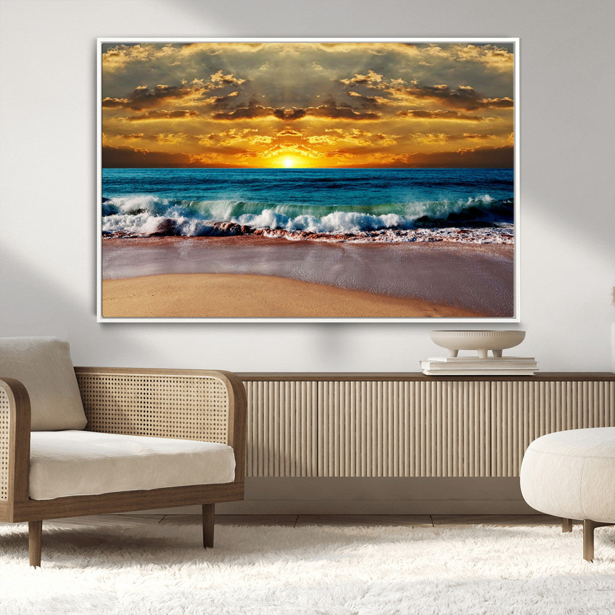 Ocean Sunrise Over Golden Beach Waves, Giclee Canvas Wall