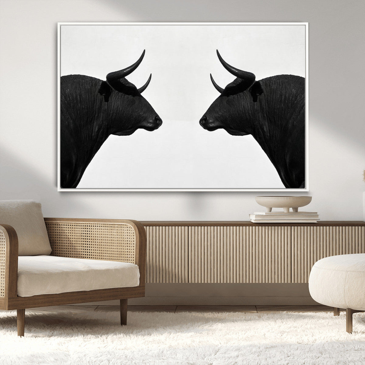 Spanish Bull Art - Framed Black and White Bull Canvas Print
