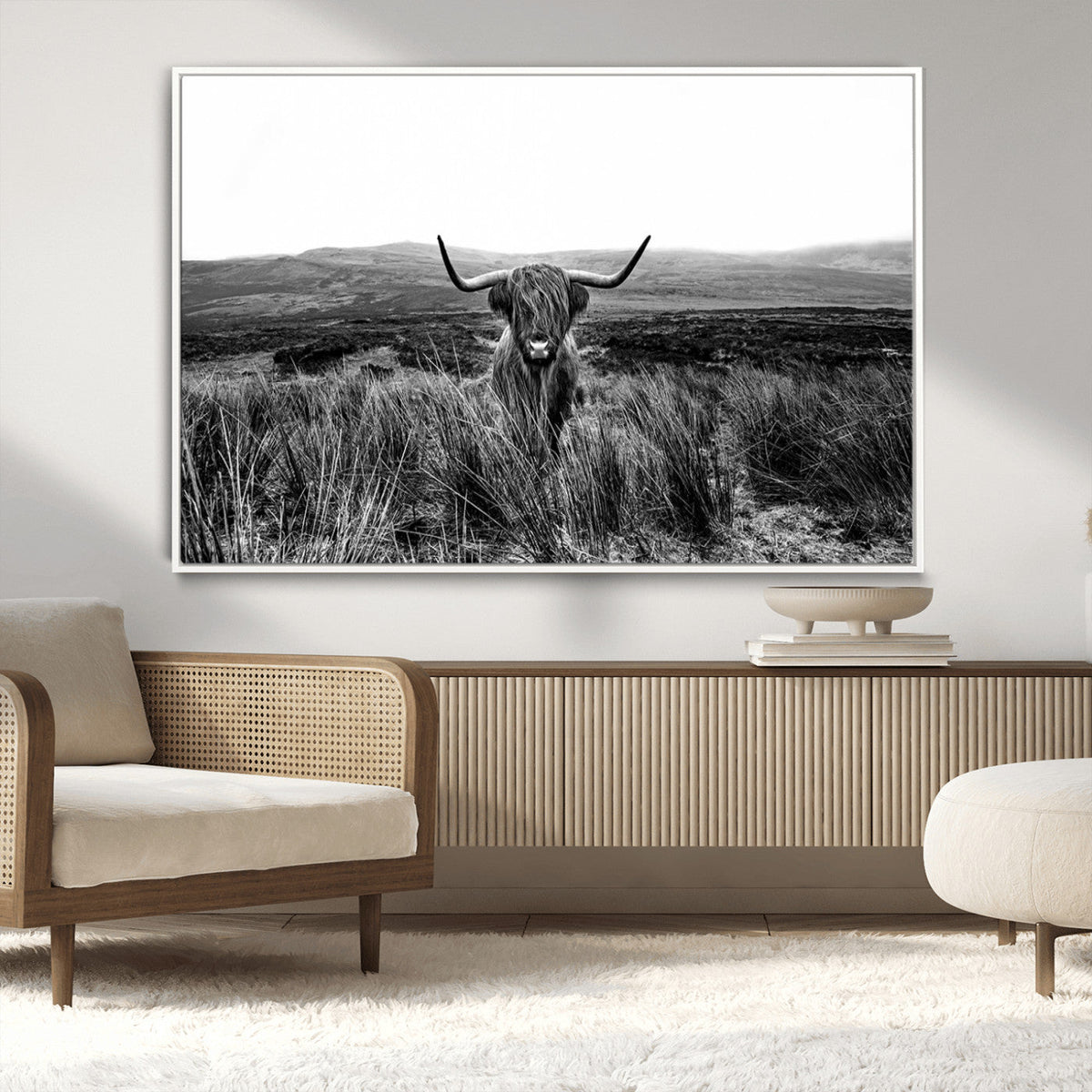Black and White Highland Cow Canvas Wall Art, Longhorn