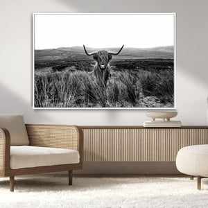 Black and White Highland Cow Canvas Wall Art, Longhorn
