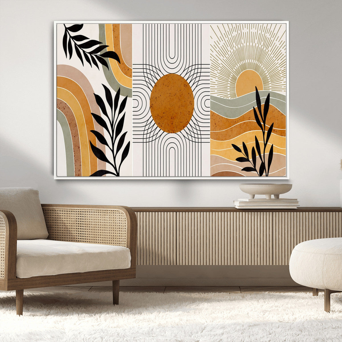 Modern Boho Sun and Leaf Abstract Art – 3-Panel Giclée