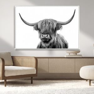Grayscale Scottish Highland Cow Cattle Art Print Farmhouse