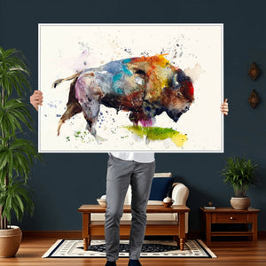 Abstract Buffalo Wall Art, Western Watercolor Bison Canvas
