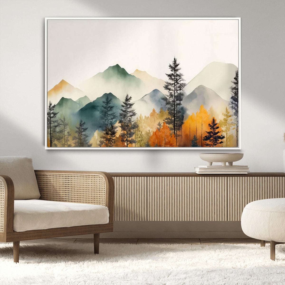 Abstract Watercolor Mountains and Trees Autumn Wall Art,