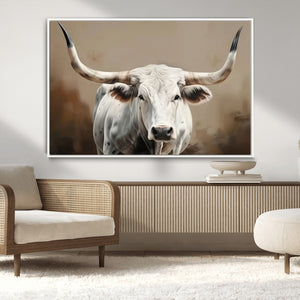 White Longhorn Bull Wall Art Canvas Print – Framed and Ready