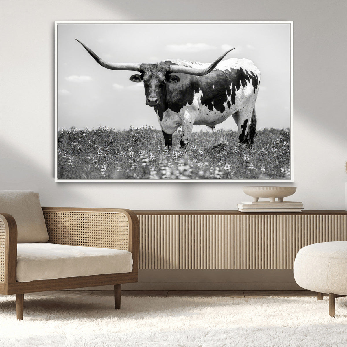 Texas Black White Highland Longhorn Cow Wall Art Canvas