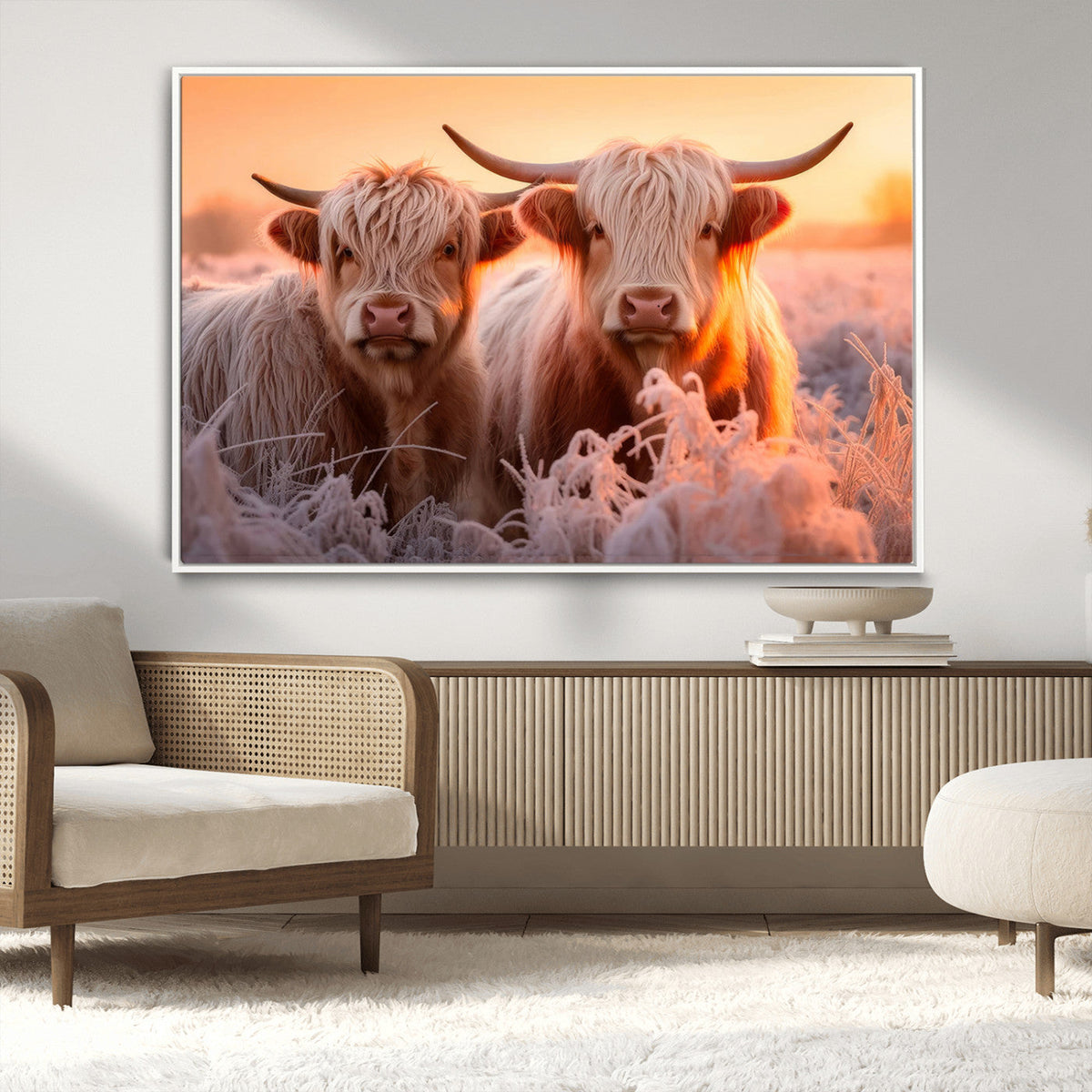 Highland Cows at Sunrise Wall Art Canvas Set – Serene and