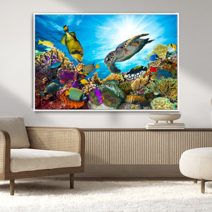 Colorful Coral Reef and Sea Life Turtle Canvas Print,