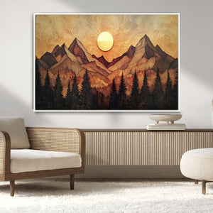 Wood Style Abstract Mountain Sunset Canvas Wall Art Print -