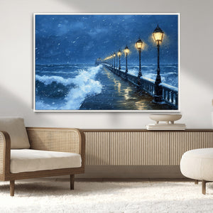 Stormy Ocean Pier Lights Canvas Wall Art Print - Large Moody
