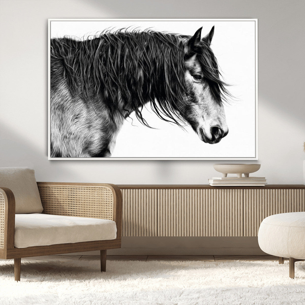 Majestic Horse Wall Art – Framed Black White Portrait Canvas