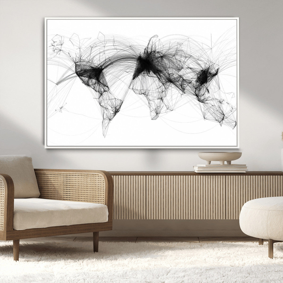 Abstract World Map Wall Art – Framed Geometric Line Canvas