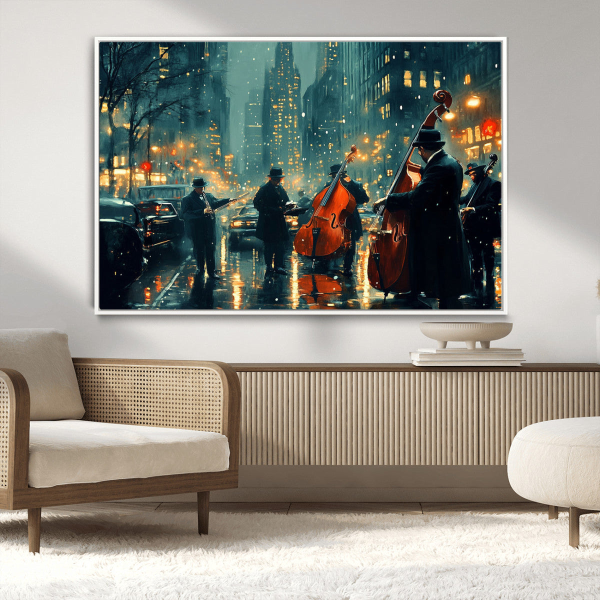 Urban Night Jazz Wall Art Canvas Print – Moody Rain-Soaked