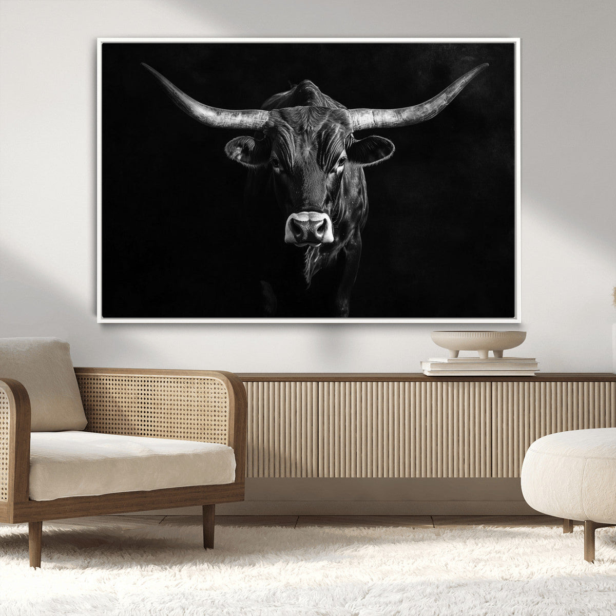 Texas Longhorn Wall Art Canvas Print – Framed Monochrome