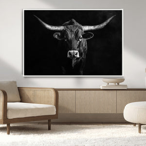 Texas Longhorn Wall Art Canvas Print – Framed Monochrome