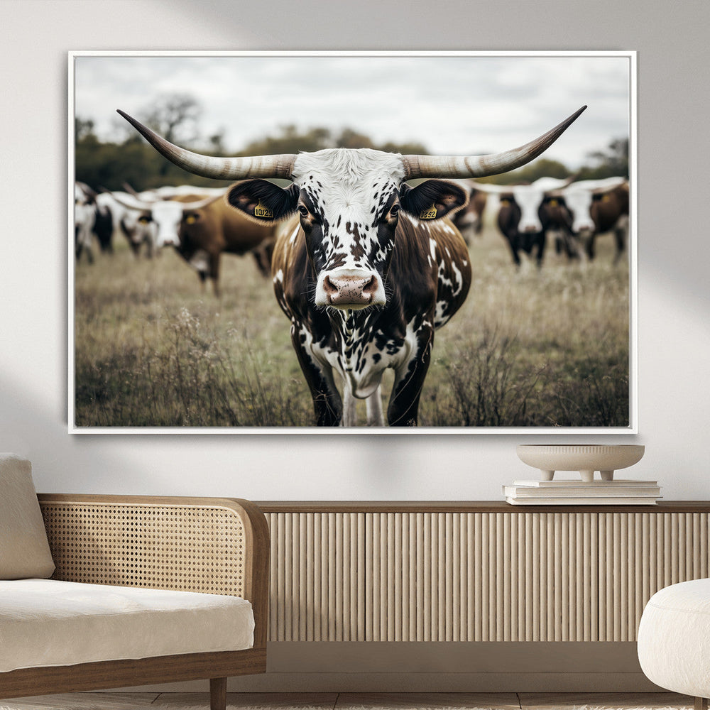 Texas Longhorn Wall Art – Framed Speckled Cow Canvas