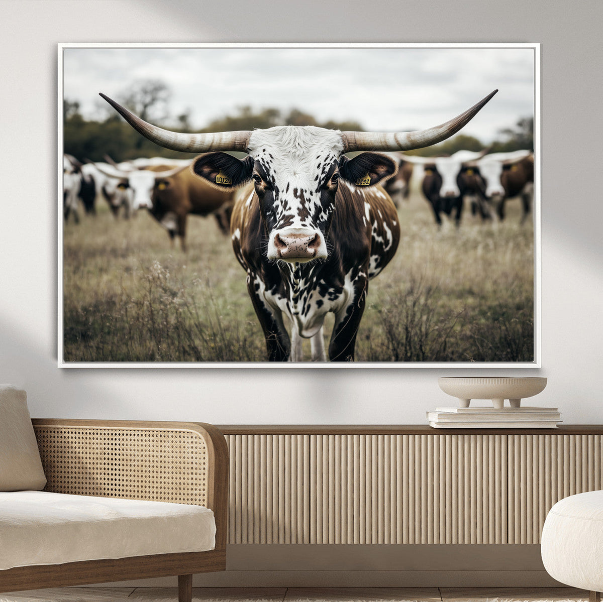 Texas Longhorn Wall Art – Framed Speckled Cow Canvas