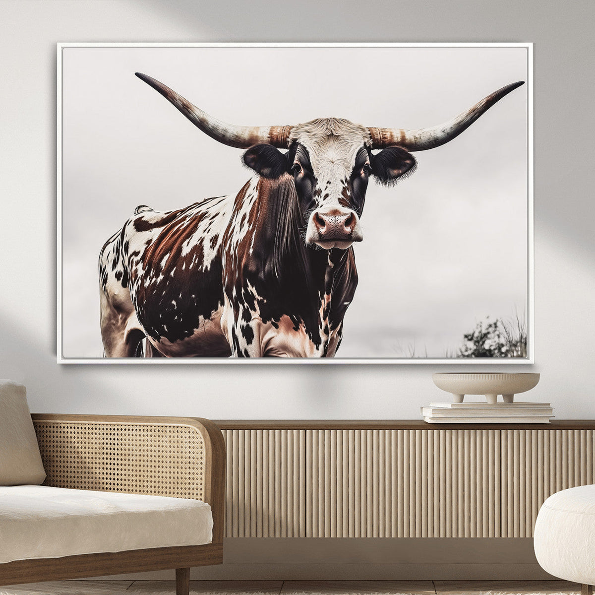 Texas Longhorn Wall Art Canvas Print – Framed Spotted Bull