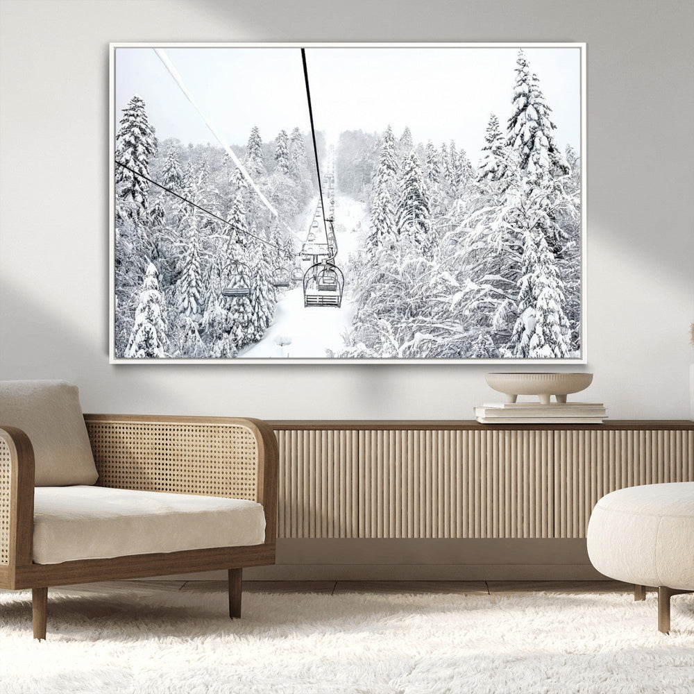 Snowy Ski Lift Wall Art – Framed Winter Mountain Canvas