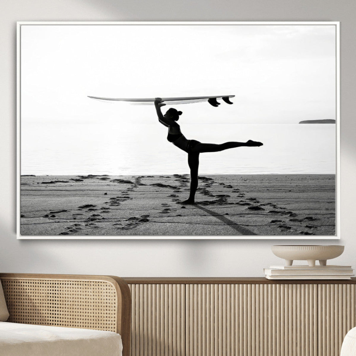 Yoga Surf Wall Art Canvas Print – Framed Black White Shore