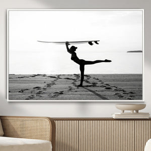 Yoga Surf Wall Art Canvas Print – Framed Black White Shore