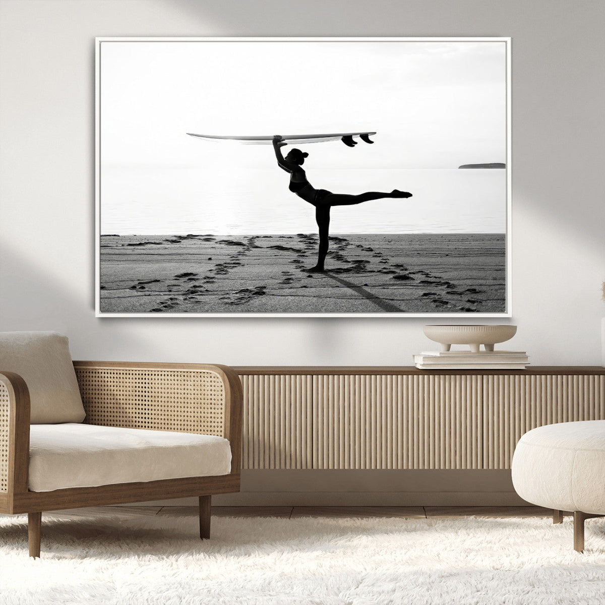 Yoga Surf Wall Art Canvas Print – Framed Black White Shore