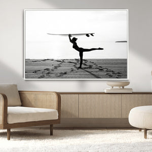 Yoga Surf Wall Art Canvas Print – Framed Black White Shore