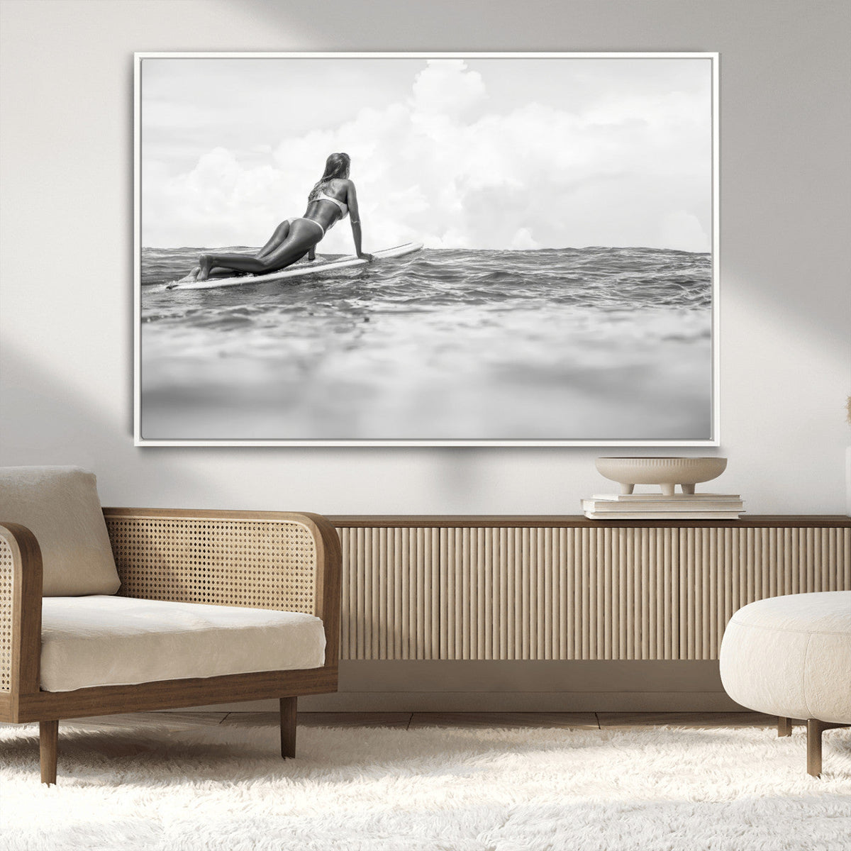 Black and White Surfing Wall Art Canvas Print – Framed Ocean