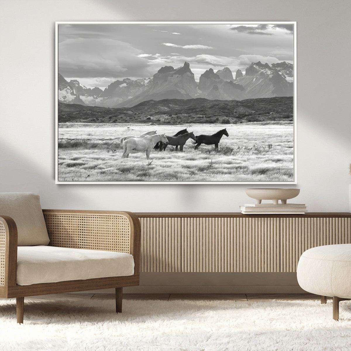 Wild Horses Wall Art Canvas Print – Framed Black and White