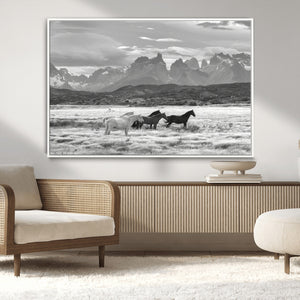 Wild Horses Wall Art Canvas Print – Framed Black and White