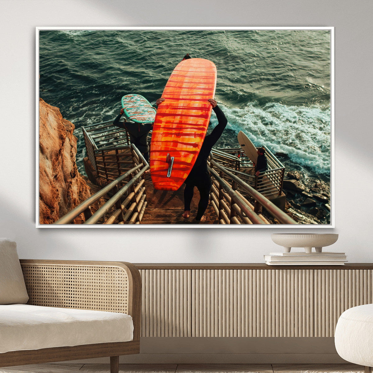 Surfer Stairway Wall Art – Framed Ocean Surf Canvas Artwork,
