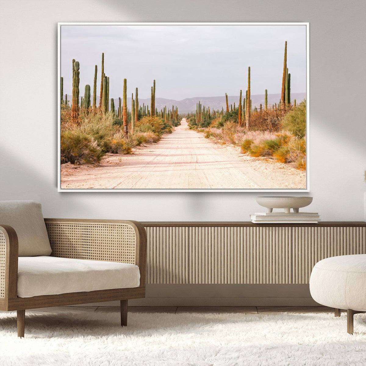 Desert Cactus Lined Road Wall Art Canvas Print – Framed