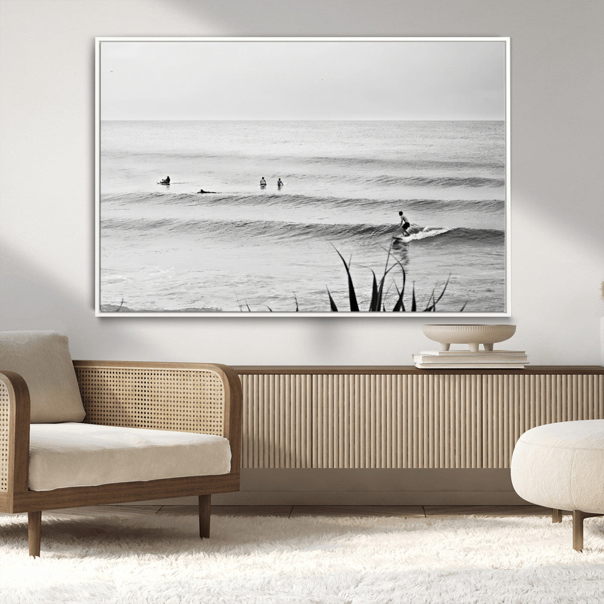 Surfer Silhouette Wall Art – Framed Calm Ocean Monochrome