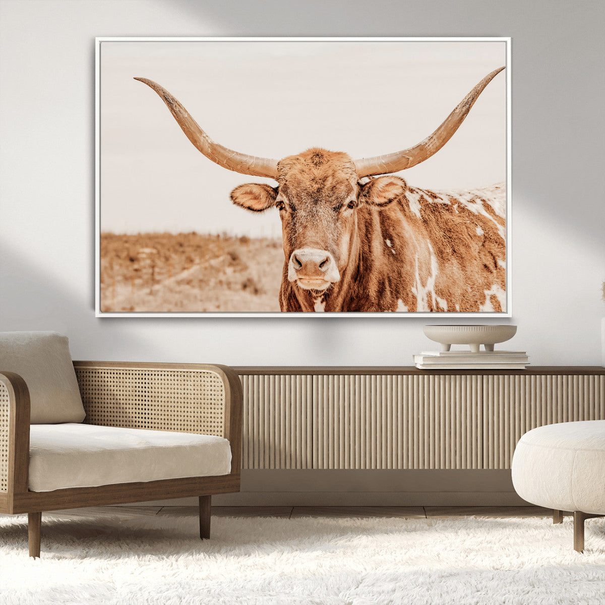 Texas Longhorn Wall Art Canvas Print – Framed Sepia Cow Art