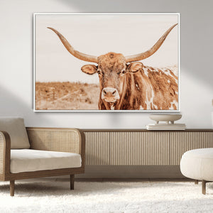 Texas Longhorn Wall Art Canvas Print – Framed Sepia Cow Art