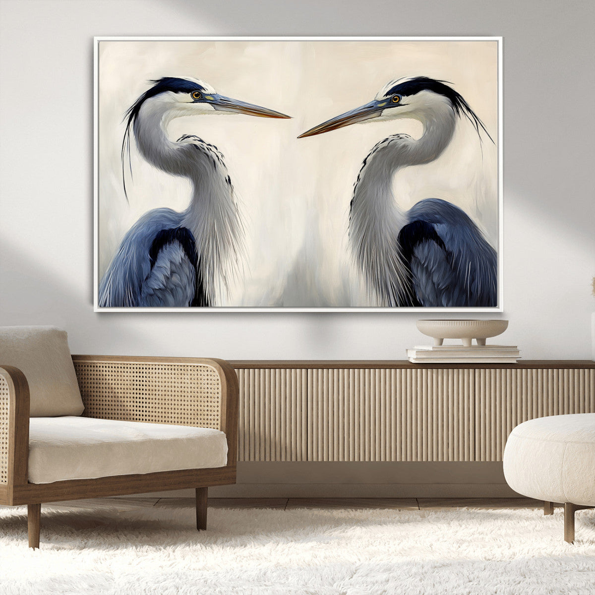 Blue Heron Pair Wall Art Canvas Print, Framed Coastal Bird