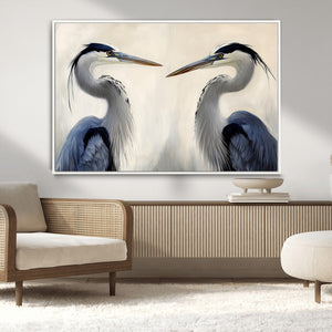 Blue Heron Pair Wall Art Canvas Print, Framed Coastal Bird