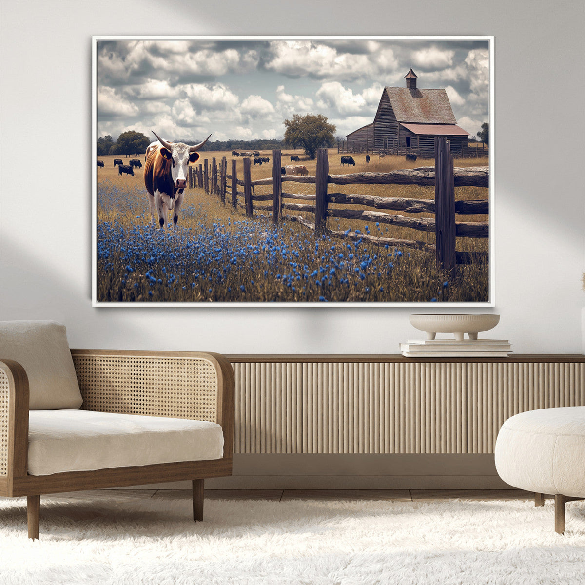 Texas Longhorn Canvas Wall Art Print – Framed Rustic Barn