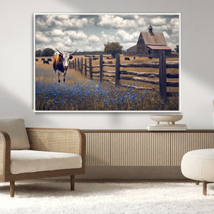 Texas Longhorn Canvas Wall Art Print – Framed Rustic Barn