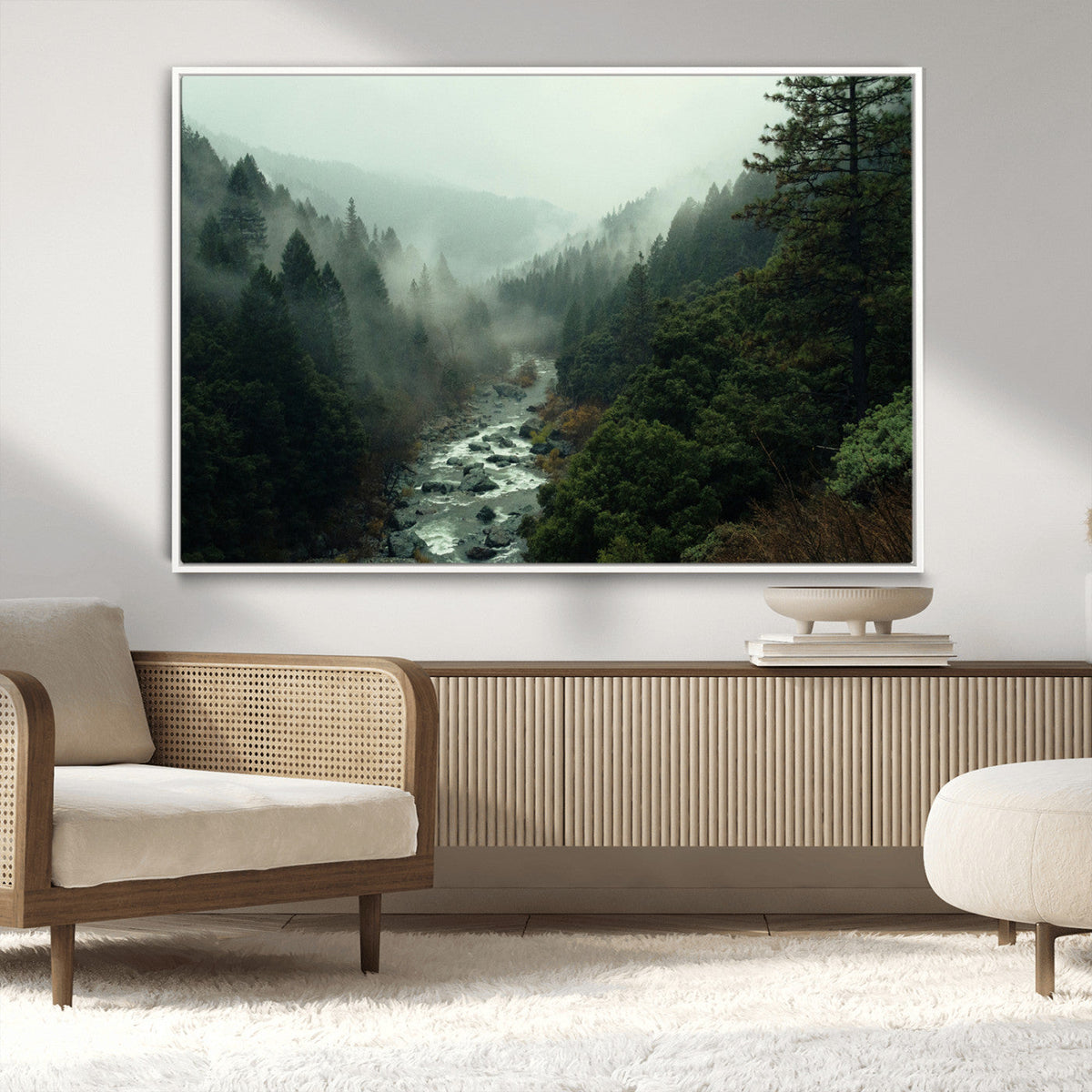 Misty Forest Wall Art Canvas Print – Framed Foggy River