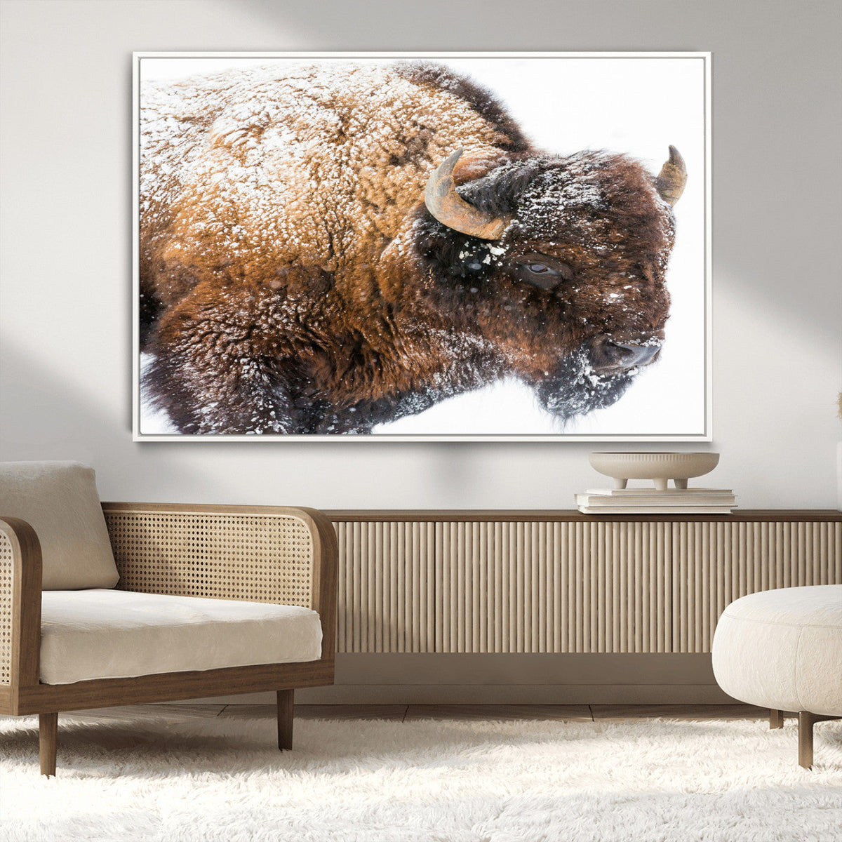 Snowy Buffalo Wall Art Canvas Print – Framed Rustic Lodge