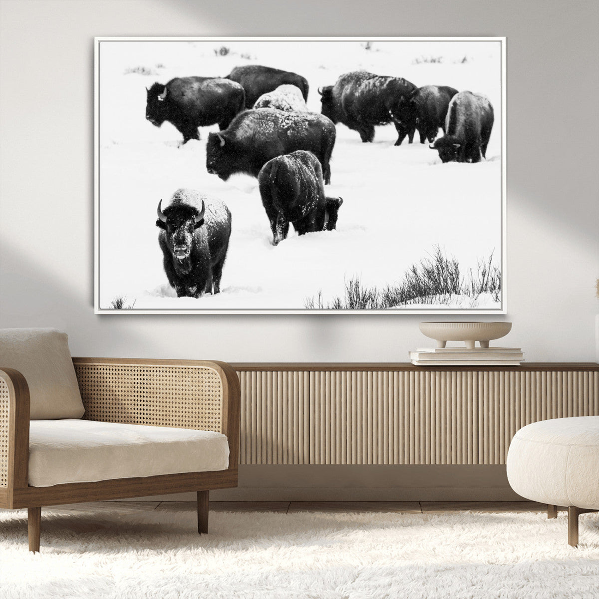 Buffalo Herd Wall Art Canvas Print – Framed Black and White