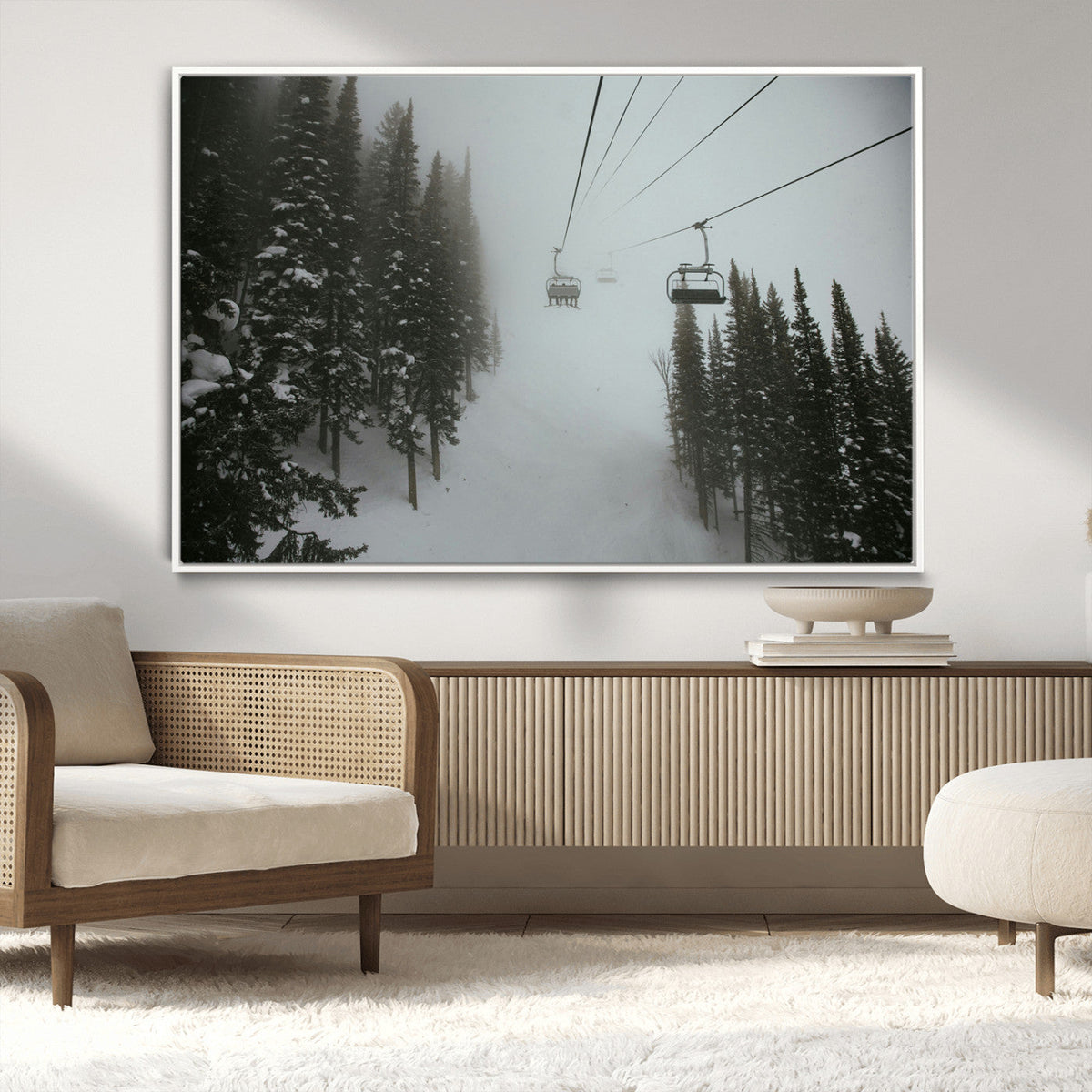 Ski Lift Wall Art Canvas Print – Snowy Pines Misty Landscape