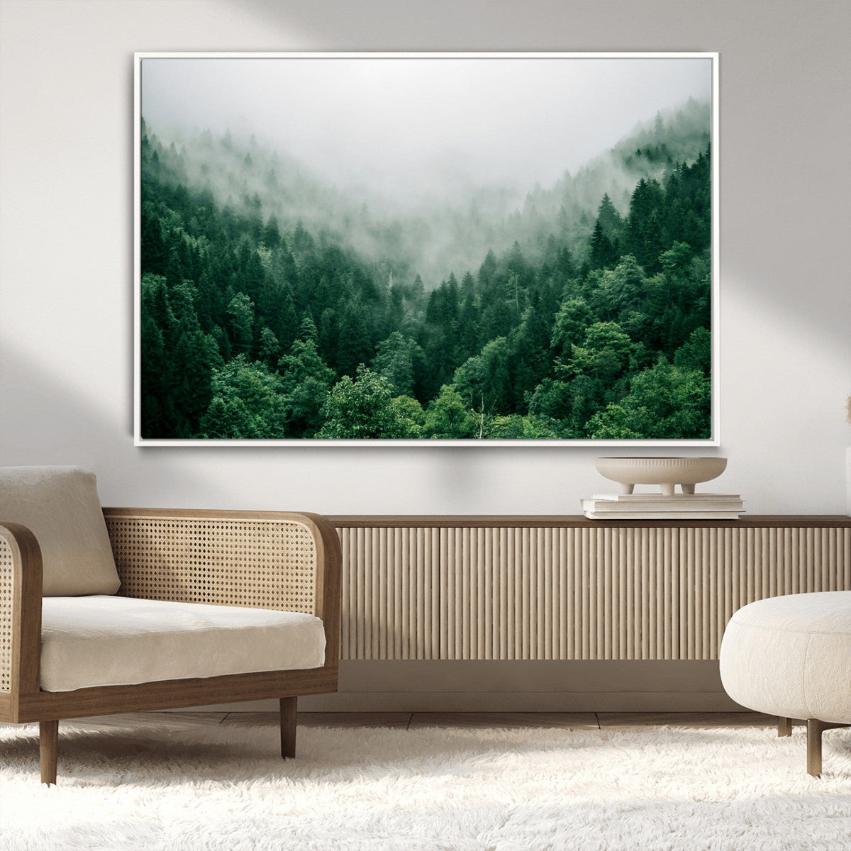 Misty Green Forest Canvas Print – Framed Serene Foggy Pine