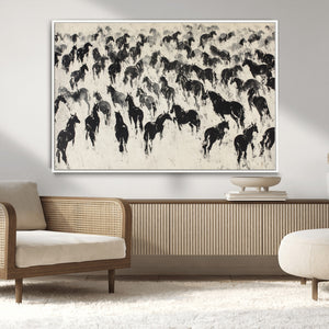 Wild Horse Stampede Wall Art Canvas Print – Monochrome