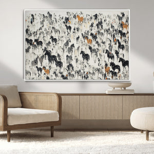 Wild Horse Stampede Wall Art Canvas Print – Monochrome