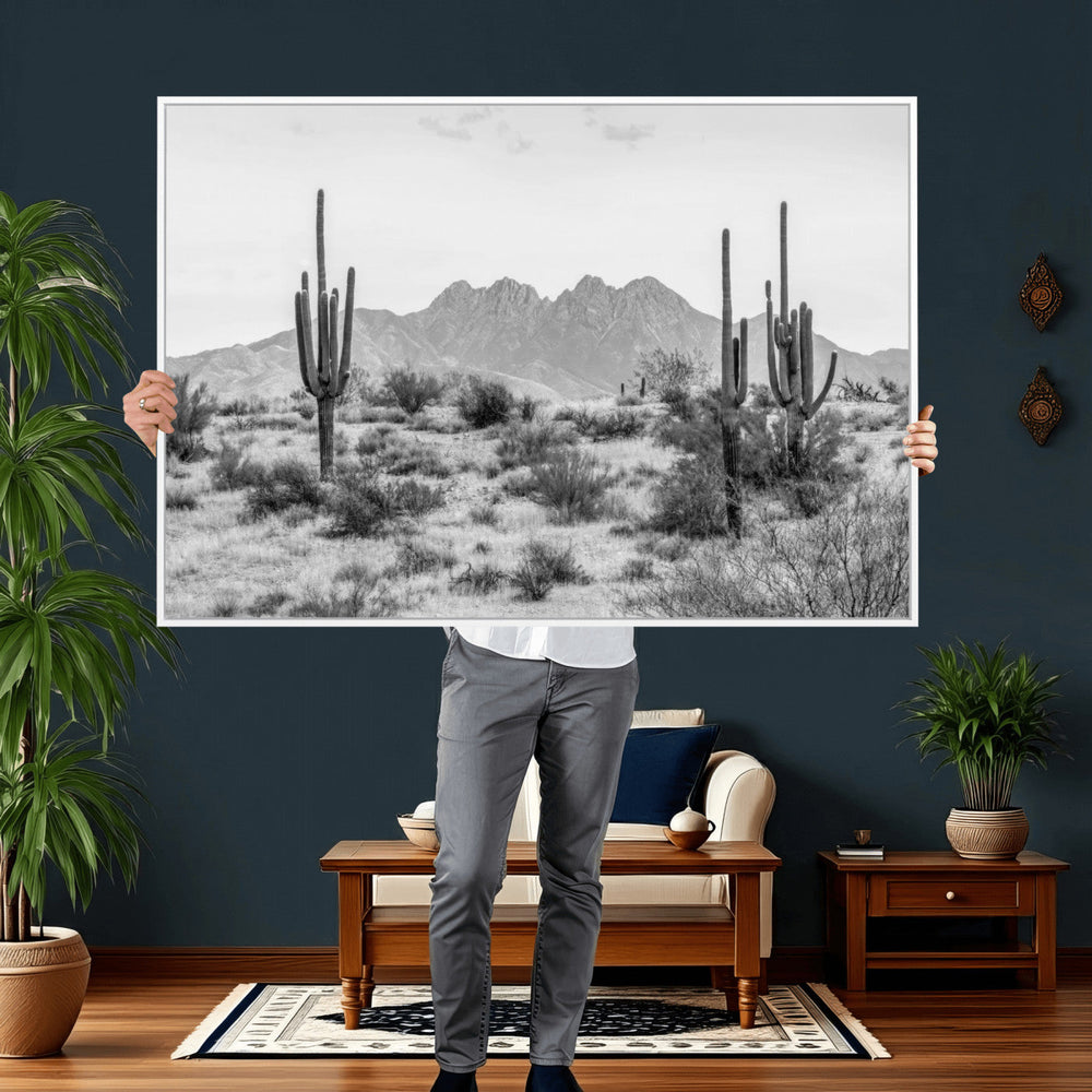 Black White Arizona Desert Canvas Wall Art Cactus Farmhouse