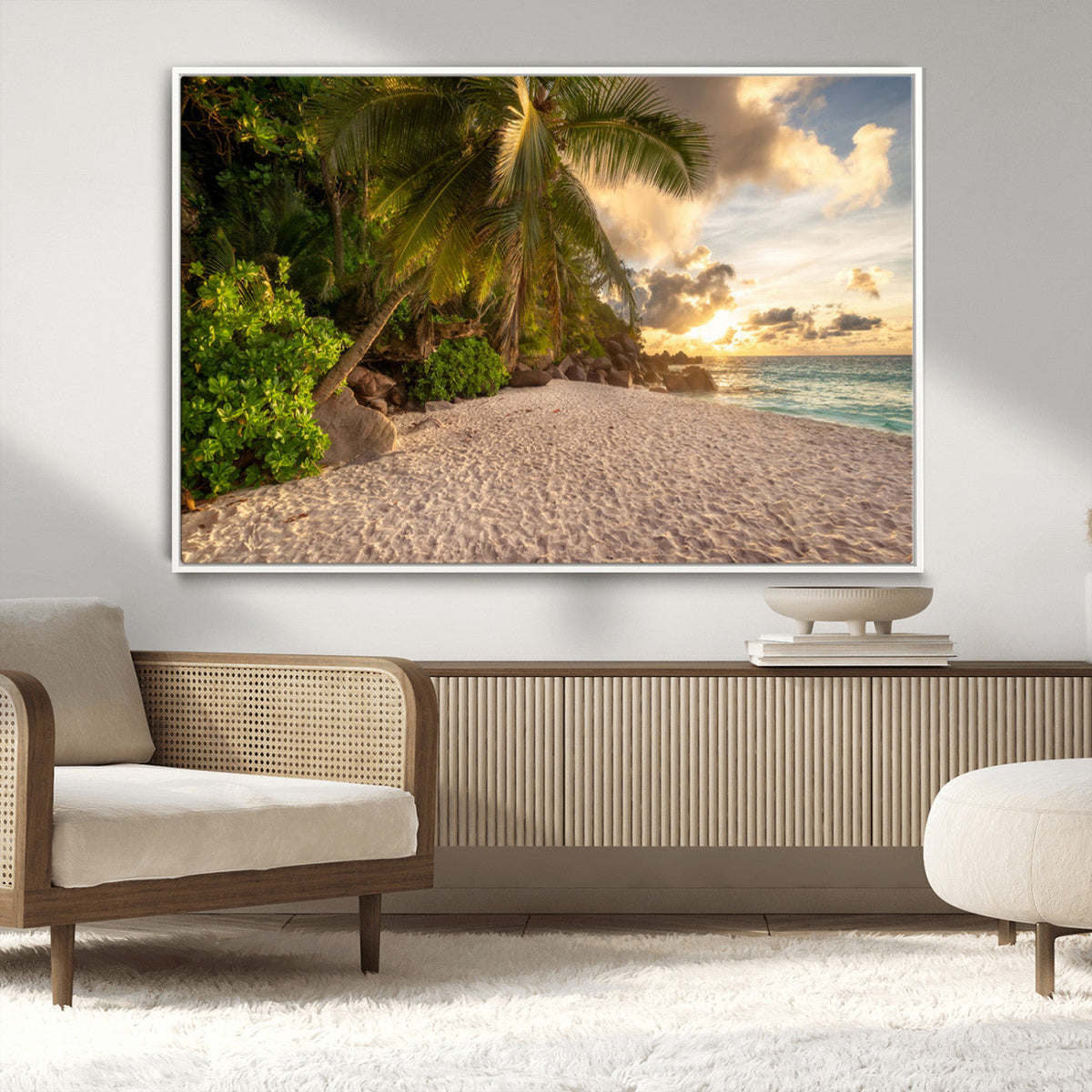 Tropical beach sunset, palm trees, white sand, ocean waves,