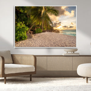 Tropical beach sunset, palm trees, white sand, ocean waves,