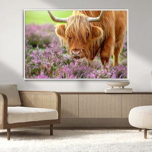 Highland Cow Wall Art Canvas Print – Framed Purple Flowers